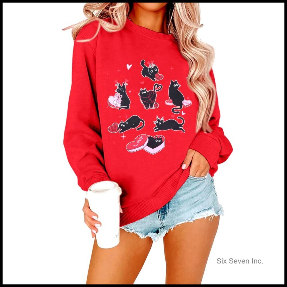 Valentine Cat Sweatshirt Romantic Pullover Cute Casual Oversized Y2K Gift